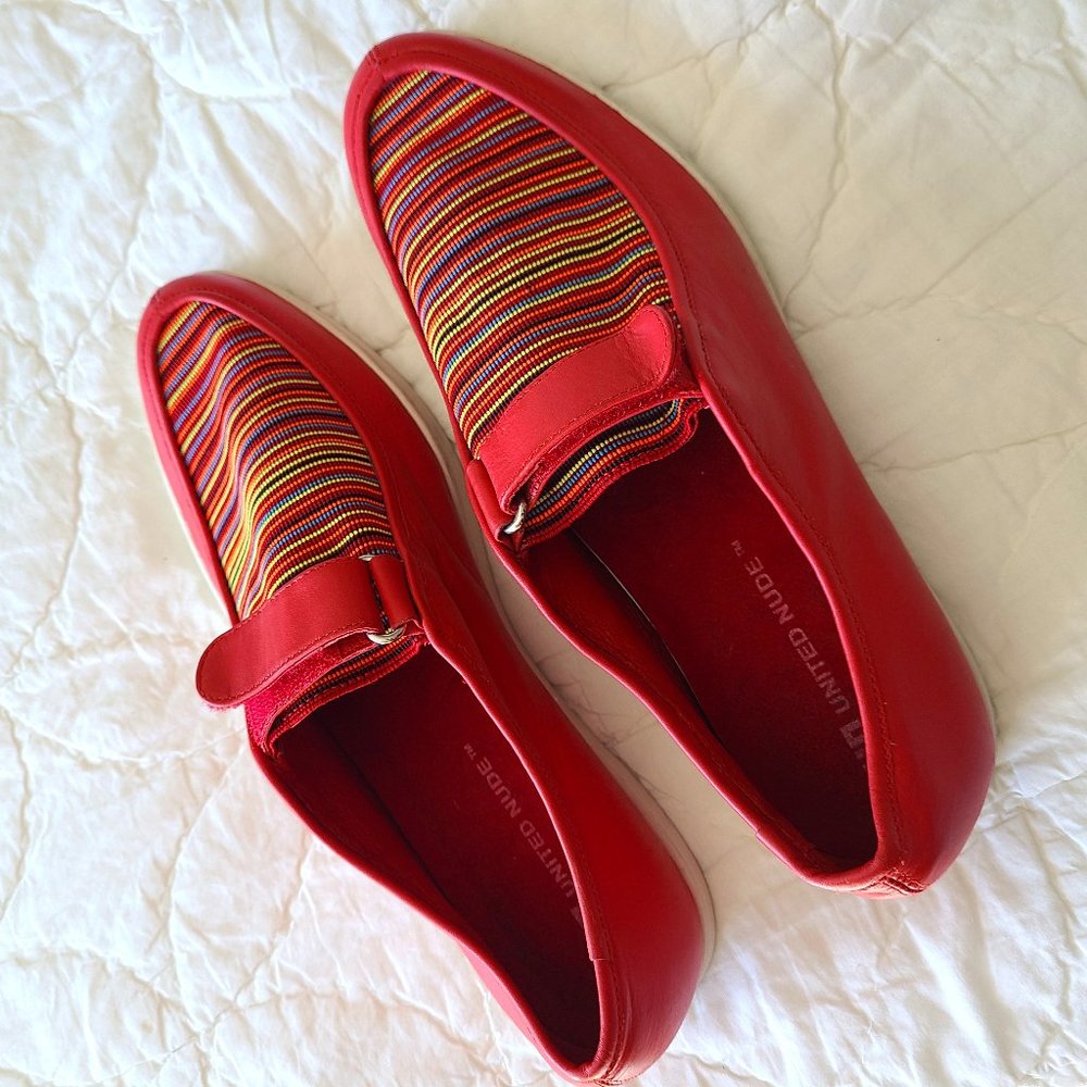 United Nude Red Leather Loafers With Velcro Strap